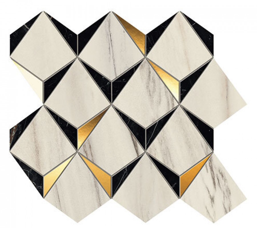 Плитка Marvel Diamonds Bianco - Black 9Mdb глянцевая белый мрамор, с золотом 36x33 Atlas Concorde