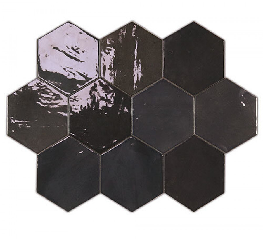 Плитка 12x11 11мм Zellige Hexa Graphite 122087 глянцевая черный краска, штукатурка, однотонная Wow